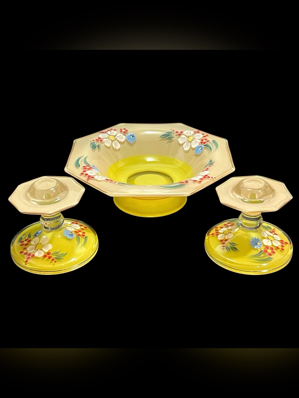 Vintage 1930s Indiana Glass Modern Classic Hexagonal Console Bowl Candle Holders